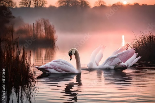 A misty morning, a big lake, one swan, ultra realistic, beautiful, elegant, pink sunrise