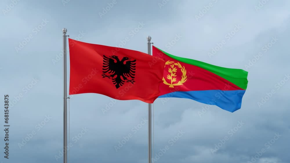 Eritrea and Albania flag waving together on cloudy sky, endless seamless loop, two country cooperation concept Eritrea and Albania flag waving together on cloudy sky, endless seamless loop, two country cooperation concept