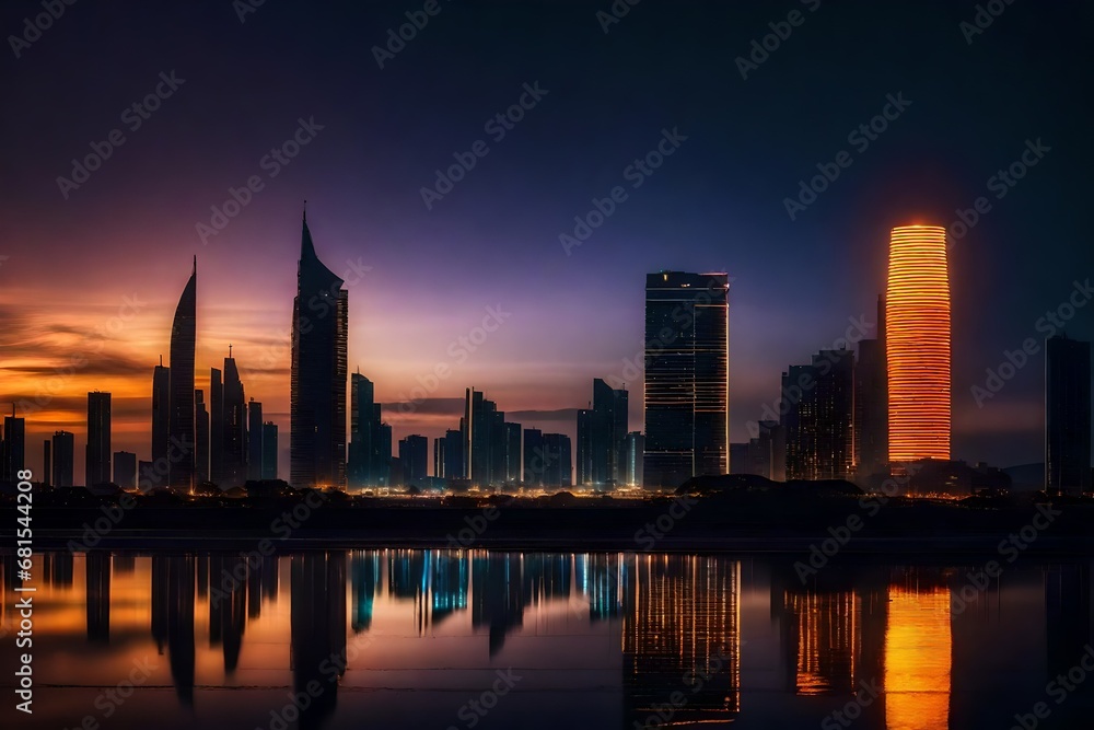 EdobSyFyCityLandscape, light rays, sunset, ocean, neon lights, lights, city lights, from behind, reflection, tower, silhouette