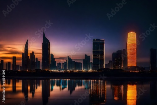 EdobSyFyCityLandscape  light rays  sunset  ocean  neon lights  lights  city lights  from behind  reflection  tower  silhouette