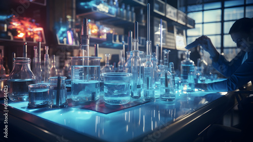 Laboratory. transparent glass test tubes with liquid samples for testing while placed on the table with glassware against blurred scientific laboratory