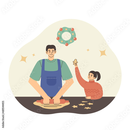 Family preparing cookies. Father and daughter having fun weekend together. 