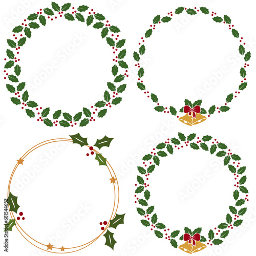 Christmas round wreath with holly berries svg, Set of winter frame with Christmas bells, Christmas decorative circle border