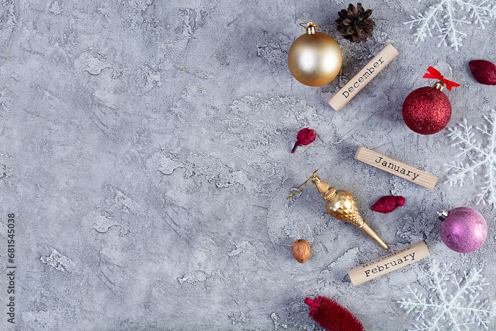 Christmas and New Year background with decoration. Greeting card for winter holidays Christmas and New Year background with decoration. Greeting card for winter holidays