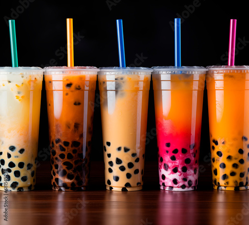 Set of tasty bubble tea in plastic cups on dark background. Various multicolored iced bubble tea. Refreshing summer drink drink. Takeaway drinks with drinking straw