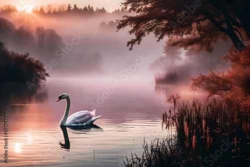 A misty morning, a big lake, one swan, ultra realistic, beautiful, elegant, pink sunrise