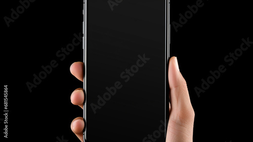 Hand holding the black smartphone iphone with blank screen and modern frameless design, hold Mobile phone on transparent background Clipping Path, app design photo