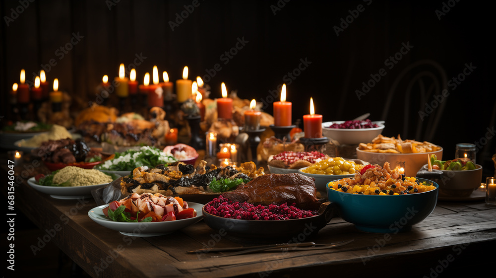 Thanksgiving dinner scene, a large wooden table adorned with a feast of turkey. Generative ai. Thanksgiving dinner scene, a large wooden table adorned with a feast of turkey. Generative ai.