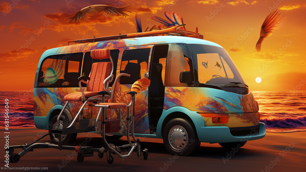 digital illustration of a van with a car in the desert