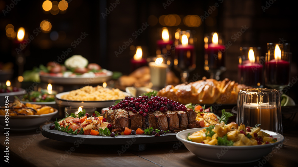 Thanksgiving dinner scene, a large wooden table adorned with a feast of turkey. Generative ai.