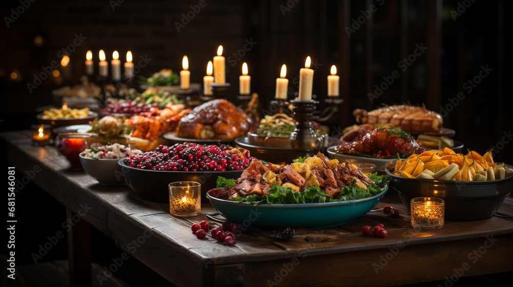 Thanksgiving dinner scene, a large wooden table adorned with a feast of turkey. Generative ai. Thanksgiving dinner scene, a large wooden table adorned with a feast of turkey. Generative ai.