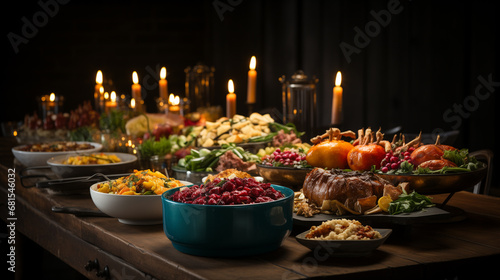 Thanksgiving dinner scene, a large wooden table adorned with a feast of turkey. Generative ai.