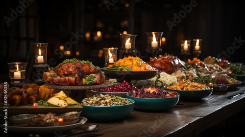 Thanksgiving dinner scene  a large wooden table adorned with a feast of turkey. Generative ai.
