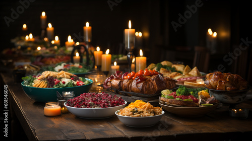 Thanksgiving dinner scene, a large wooden table adorned with a feast of turkey. Generative ai.