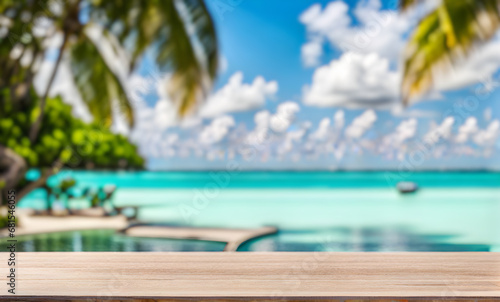 Empty wooden table  blurred summer sea background with copy space for your product