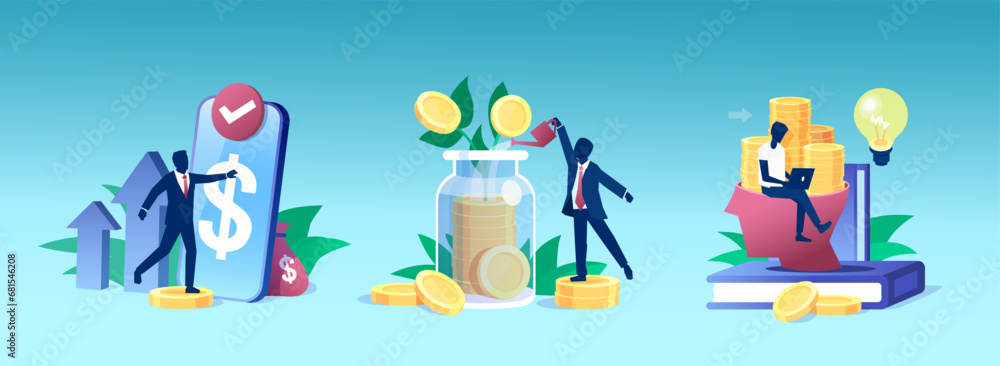 Financial wisdom, freedom and education concept. Vector of people investing money in self development, education and passive income Financial wisdom, freedom and education concept. Vector of people investing money in self development, education and passive income