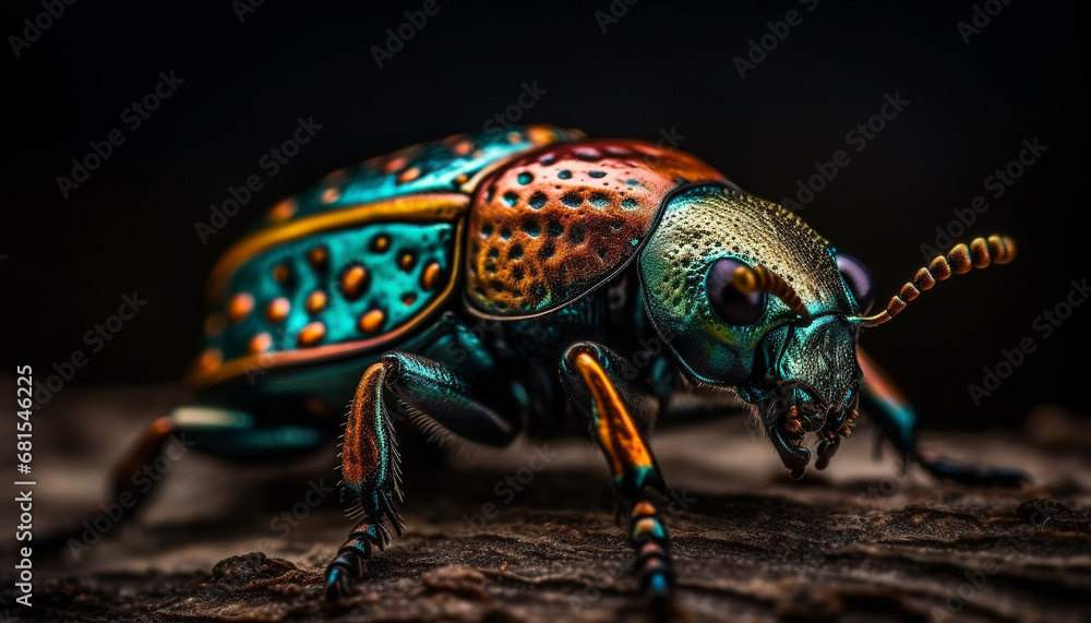 Naklejka premium Multi colored weevil crawling on green leaf in selective focus generated by AI