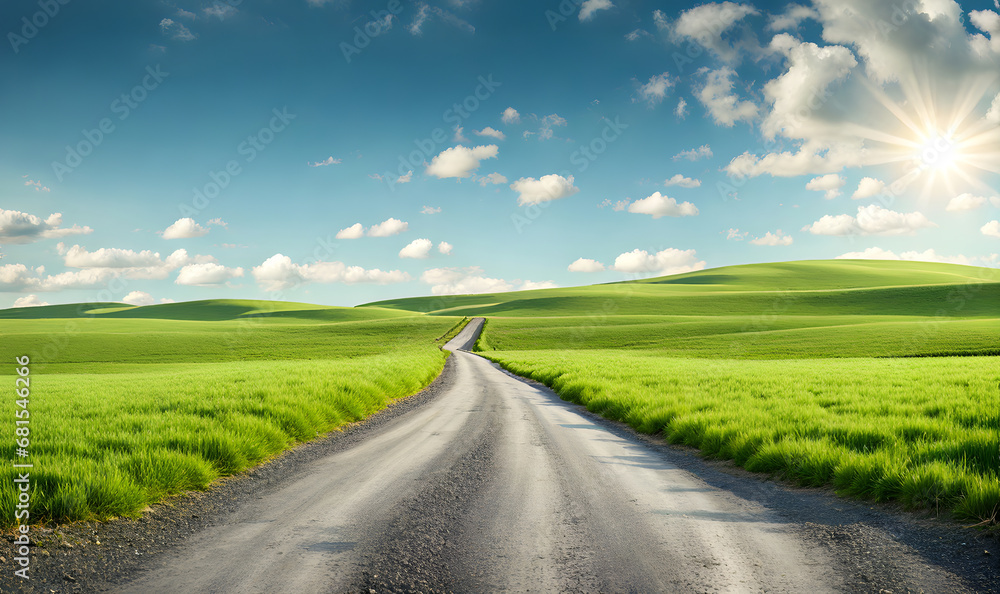 Scenic landscape with lush green field and road Scenic landscape with lush green field and road