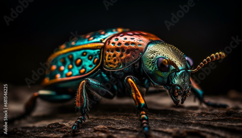 Multi colored weevil crawling on green leaf in selective focus generated by AI