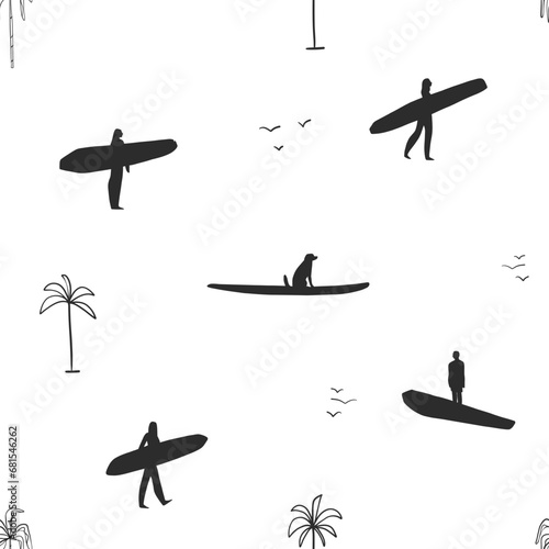 Sticker Hand drawn vector abstract simple minimalistic graphic drawing tropical surfing seamless pattern with palm tree and surfers