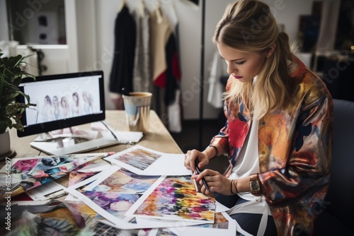 A creative fashion designer sketching new clothing designs on a sleek tablet, surrounded by fabric swatches and fashion magazines.