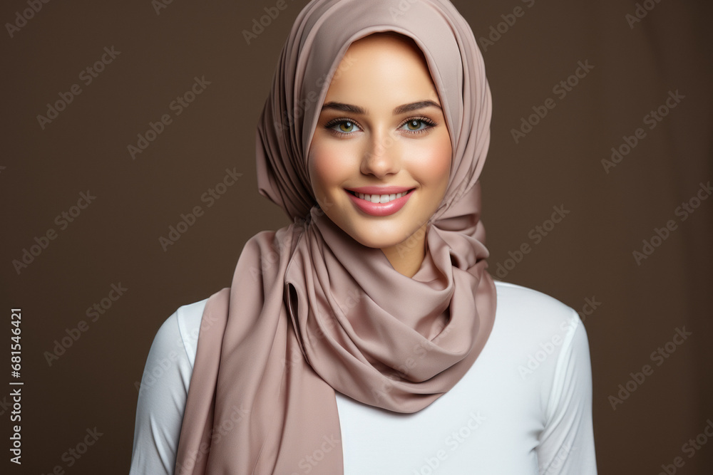 Portrait of a Muslim woman in a hijab on a brown background Portrait of a Muslim woman in a hijab on a brown background