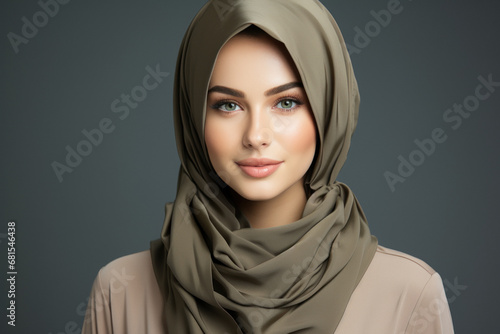 Portrait of a Muslim woman in a hijab on a grey background