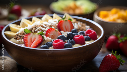 Healthy eating Fresh fruit bowl with yogurt, granola, and berries generated by AI
