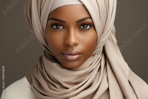 Portrait of a Muslim woman in a hijab on a light background