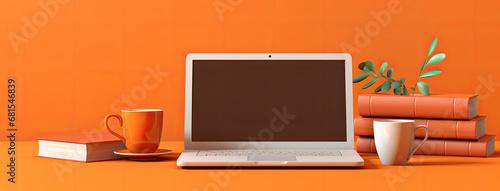  images of desktop with books and cup on table and yellow background, back to school concept