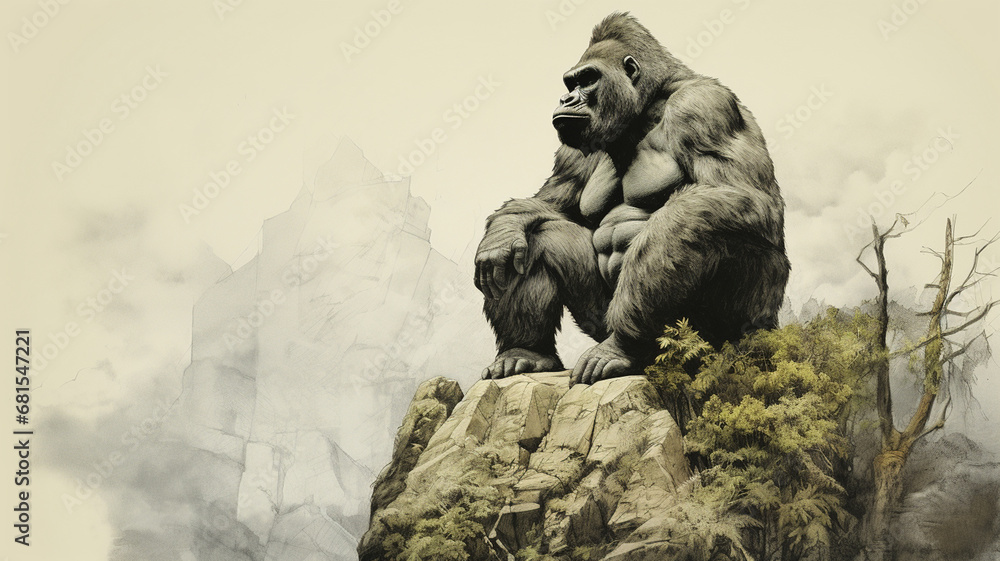 gorilla sitting on top of a rock in the forest gorilla sitting on top of a rock in the forest