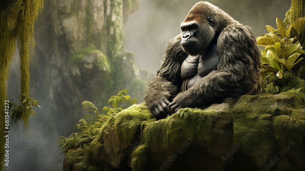 Obraz premium gorilla sitting on top of a rock in the forest