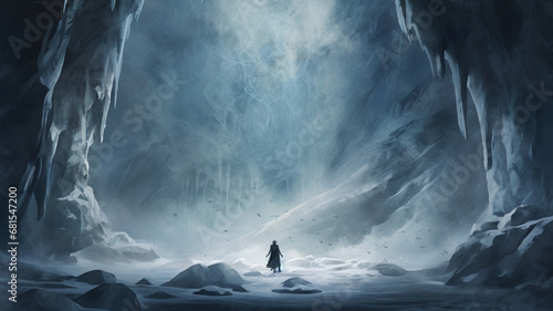 dark scene with a man in a dark cave. illustration