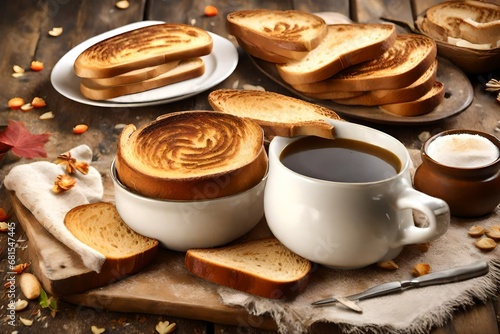 Toasted bread wishes good morning, cup of coffee