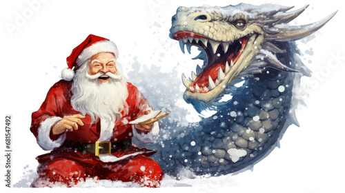 Watercolor illustration with Santa Claus and dragon. Happy new year greeting card. Winter holiday concept © bit24