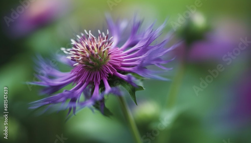 Vibrant purple thistle attracts bee for pollination in rural meadow generated by AI