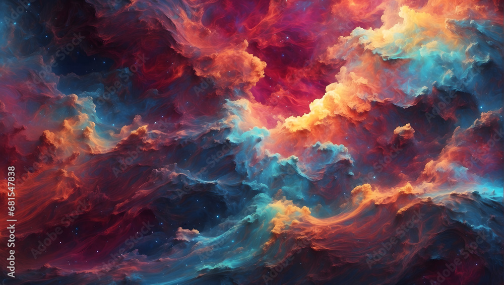 An abstract cosmic backdrop resembling a vibrant burst of swirling nebula clouds in rich color gradients, with textured noise giving depth to the celestial scene.