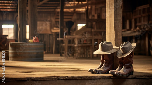 cowboy boots, hat, cowboy boots and cowboy boots on the wooden floor in the barn.
