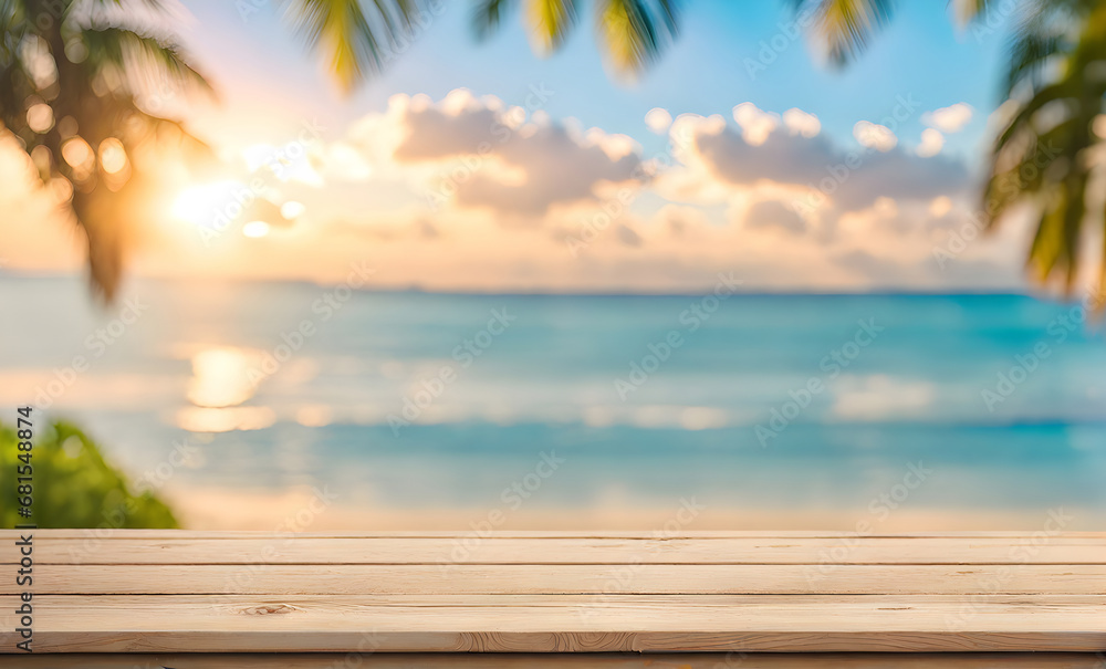 Empty wooden table, blurred summer sea background with copy space for your product Empty wooden table, blurred summer sea background with copy space for your product