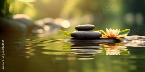 Zen stones  lotus flower and water in a peaceful green garden  relaxation time  wellness and harmony  massage  spa and bodycare concept
