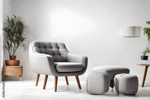 Fashionable modern gray armchair with wooden legs  ottoman against a white wall in the interior. Furniture  interior object