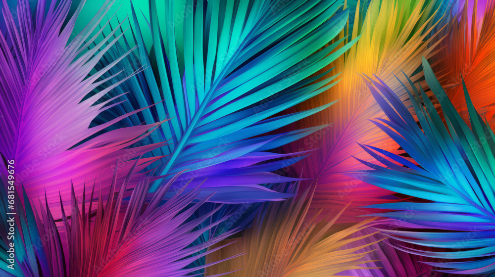 Fototapeta premium Natural, palm leaves and tropical iridescent plants shape background for wallpaper, design and backdrop. Colourful, holographic and futuristic closeup 3d render of foliage for creativity and graphics