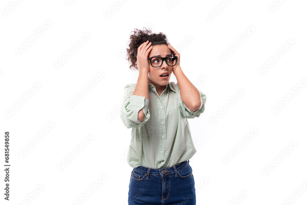 young pretty secretary woman with curly hair dressed in a shirt feels upset young pretty secretary woman with curly hair dressed in a shirt feels upset