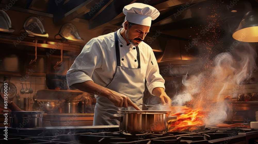 Chef cooking food in the kitchen. Professional chef in a restaurant kitchen Chef cooking food in the kitchen. Professional chef in a restaurant kitchen