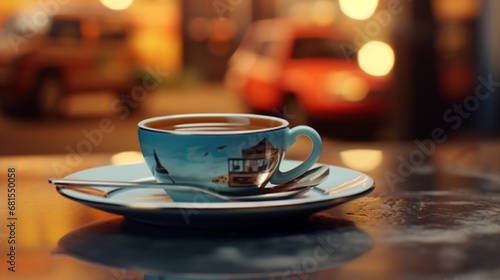 A Cup Of Coffee On A Saucer With A Spoon A Tilt Shift.Generative AI