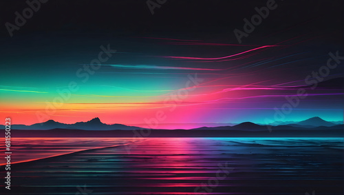 An abstract horizon scene featuring minimalist neon-colored gradients against a dark backdrop, exuding a futuristic vibe with subtle rough grain noise for added depth. © xKas
