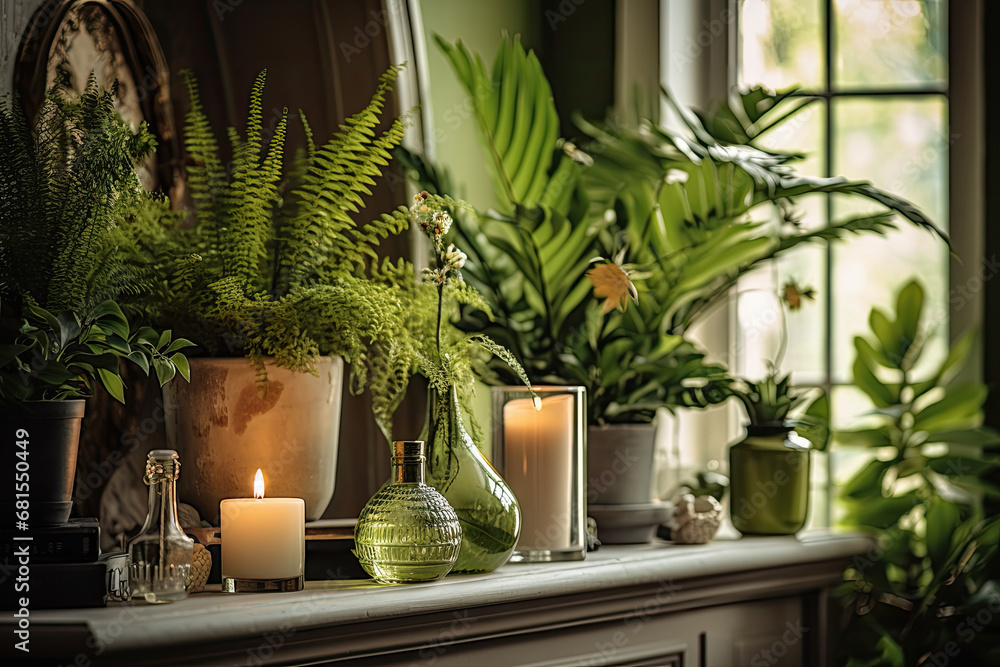 A fresh and green interior arrangement with potted plants adding a touch of nature and botanical beauty to the room.