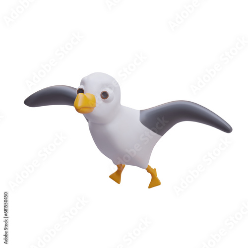 Seagulls bird flying on white background. Flight of bird. Cute realistic toy for kids. White bird with black wings. Vector illustration in 3d style with yellow beak and paws