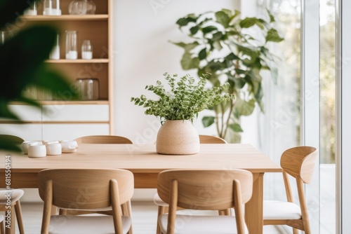 Modern and stylish room with white walls, wooden furniture, green plants and contemporary decor.