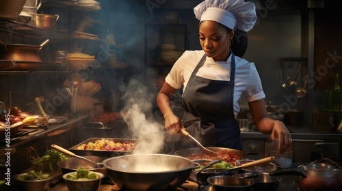 african american female chef cooking food in kitchen at hotel restaurant